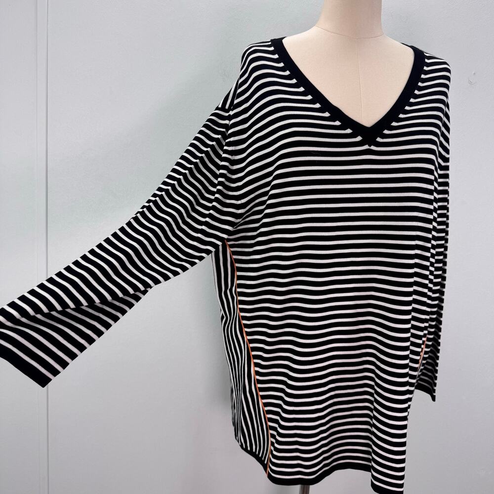 NWT Marina Rinaldi Stripe Ribbed Knit Long Sleeve Top Black White US 20-22Preppy